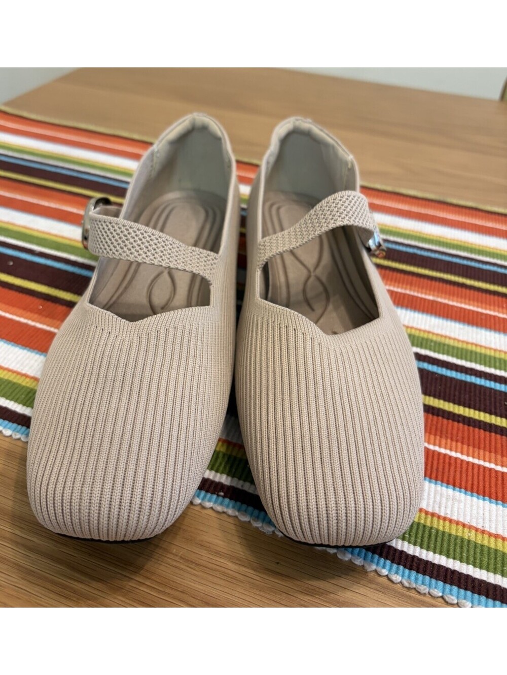 Lilivie Square Toe Knit Fabric Mary Jane Flats EU43 US 11.5/12 New No Box Beige